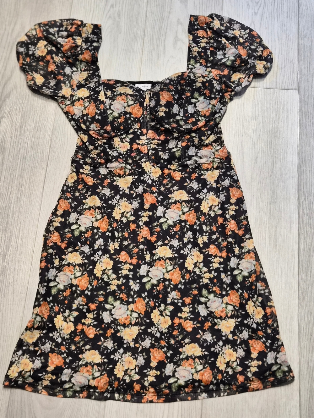 Floral Puff Sleeve Mini Dress in Black with Orange & Cream Blooms